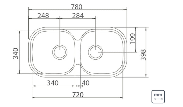 Rectangular 2C 34 BS 78x40 Double Sink T304